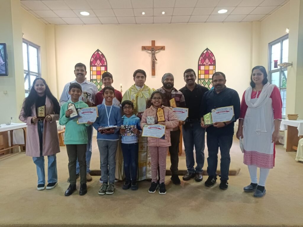 Celebrating the winners of the Southampton Regional Bible Kalotsavam from St. Bernadette Mission, guided by their mentor, Fr. Abin. A small team is achieving a big victory!